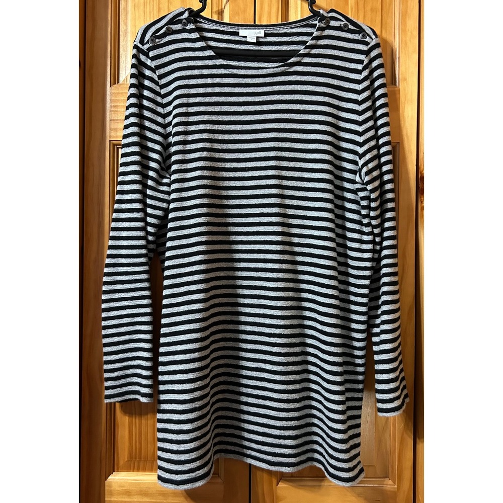 J. Jill Women's Large Striped Tunic Top Boatneck Long Sleeve Button Detail